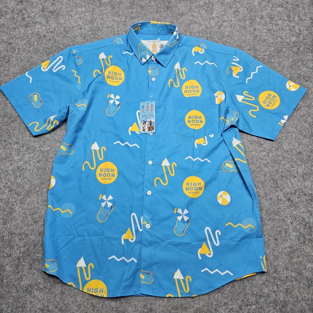 Tropical Bros S/S Button Up Shirt Men's Large Blue High Noon Sun Sips Print AOP